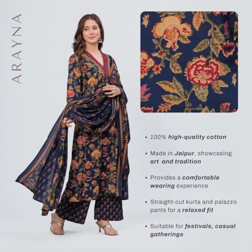 Arayna Women's Pure Cotton Block Printed Kurta Set with Palazzo Pants & Dupatta - Ethnic Wear, Blue, Medium - Image 2
