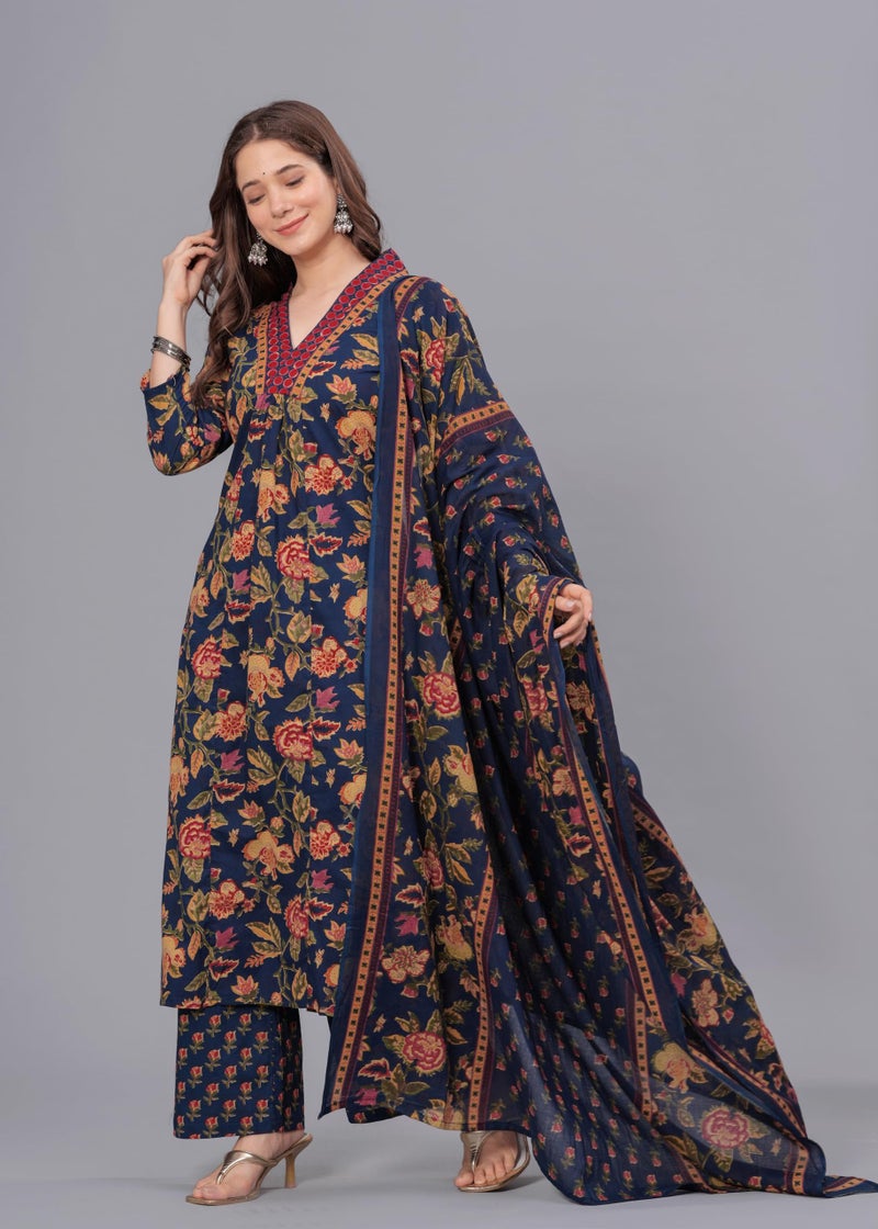 Arayna Women's Pure Cotton Block Printed Kurta Set with Palazzo Pants & Dupatta - Ethnic Wear, Blue, Medium - Image 4