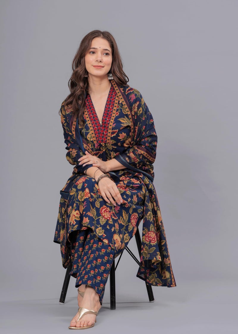 Arayna Women's Pure Cotton Block Printed Kurta Set with Palazzo Pants & Dupatta - Ethnic Wear, Blue, Medium - Image 3