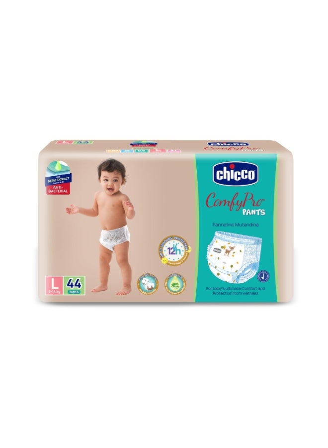Chicco Comfy-Pro Pant Style Baby Diapers | Anti-bacterial benefits | Ultra Soft & 12hrs protection | Wetness indicator & Disposing Tapes - Large, 44 Count, 9-14 Kg - Image 1