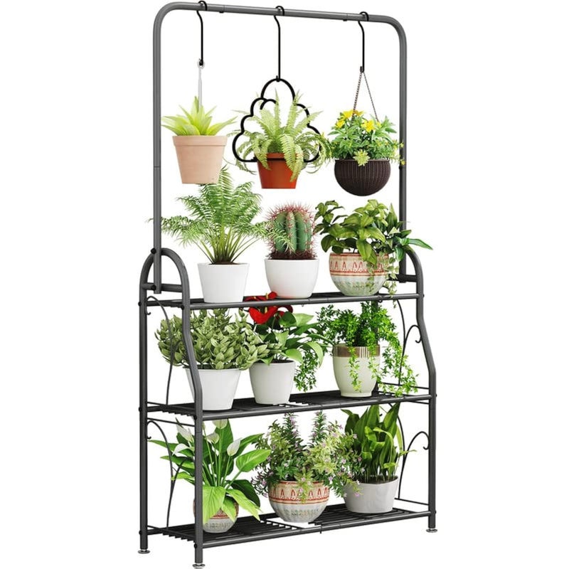 SORCEDAS Plant Stand Indoor Outdoor 3 Tier Tall Corner Hanging Plant Shelf Metal Flower Stands Ladder Plant Holder for Living Room Balcony Garden Patio Multiple Plants Dark Grey