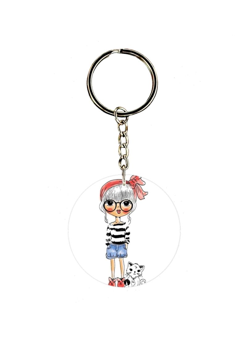 RKN Cartoon Girl With Cat Printed Dual Sided Keychain