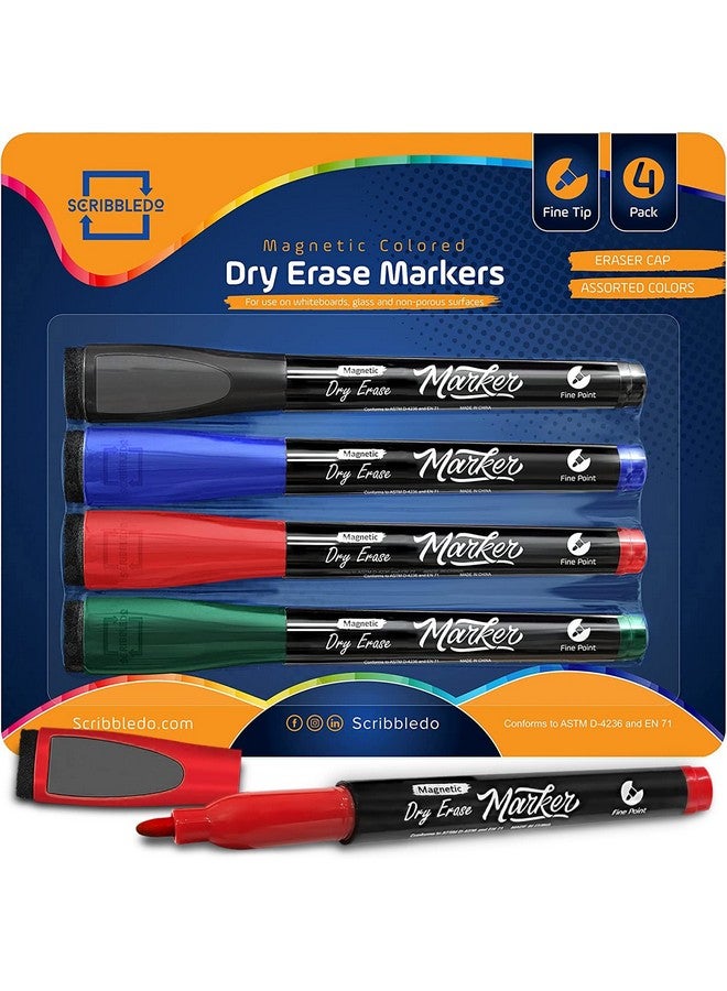 Scribbledo 4 Magnetic Dry Erase Markers Fine Tip Assorted Classic Colors Low Odor Whiteboard Markers With Eraser Cap Thin Skinny White Board Markers For Adults Students Teachers Art Home & School - Image 1