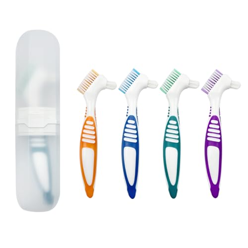 YOUYA DENTAL 4 Pcs Denture Brush with Portable Case Denture Brush Dual Head Hygiene Denture Cleaner Rubber Handle Reusable Touch Soft Toothbrush Cleaning Brush for False Teeth Cleaning with Carrying Case