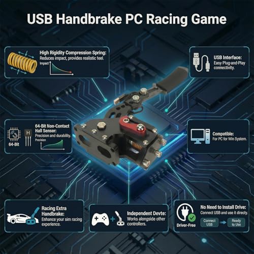 Gavigain USB 64 bit Handbrake for PS5 64 bit USB Handbrake Racing Game Analog Racing Game Handbrake and Play 2 in 1 PC Analog Racing Game Handbrake for G27 G25 G29 T500 T300 Windows(Black) [video game] - Image 3