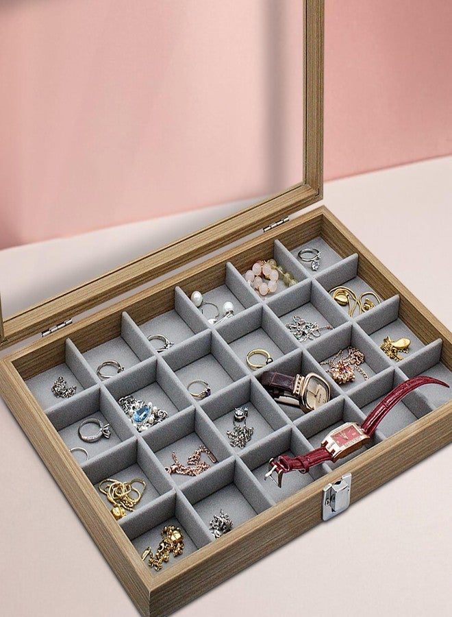 WisePoint Jewelry Box with Glass Lid, Wood Jewelry Organizer Box, 24-Grid Earring Holder Organizer Jewelry Boxes, Jewelry Organizer Tray with Lock (style 1) - Image 5