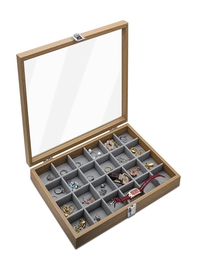 WisePoint Jewelry Box with Glass Lid, Wood Jewelry Organizer Box, 24-Grid Earring Holder Organizer Jewelry Boxes, Jewelry Organizer Tray with Lock (style 1) - Image 1