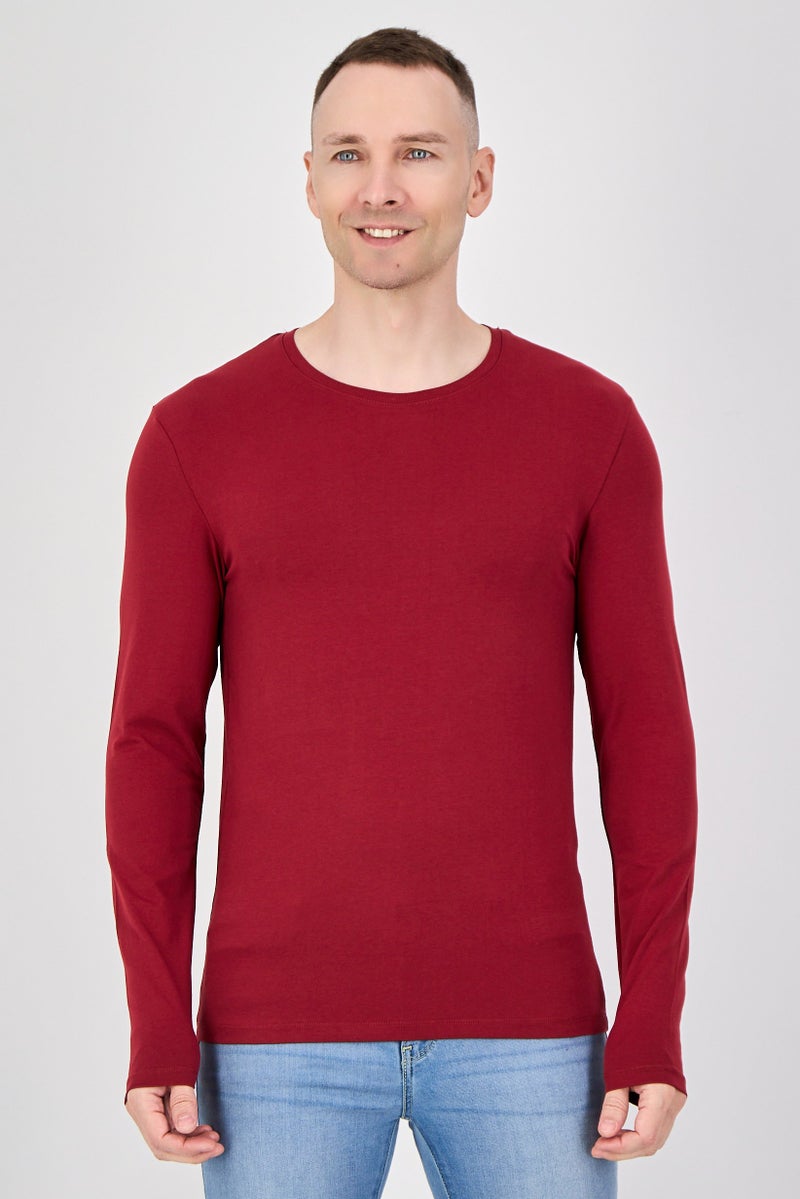 Celio Men Crew Neck Long Sleeve Solid T-Shirt, Burgundy - Image 1