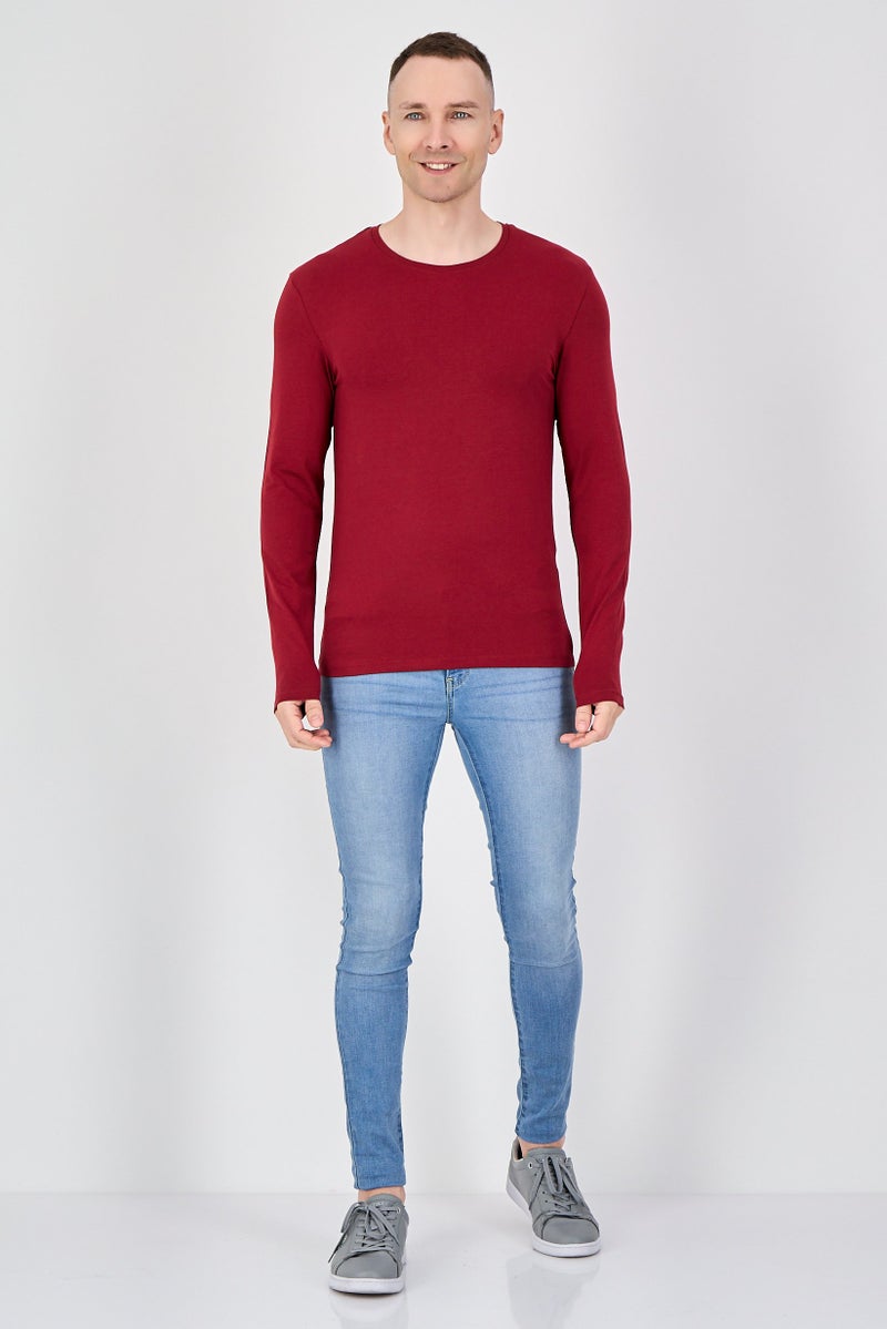 Celio Men Crew Neck Long Sleeve Solid T-Shirt, Burgundy - Image 4