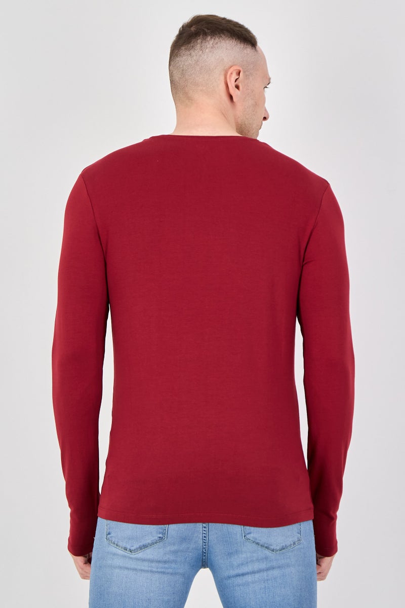 Celio Men Crew Neck Long Sleeve Solid T-Shirt, Burgundy - Image 3