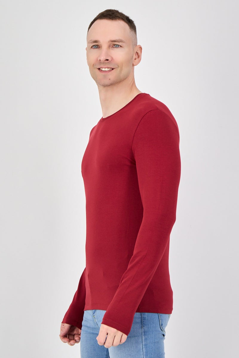 Celio Men Crew Neck Long Sleeve Solid T-Shirt, Burgundy - Image 2