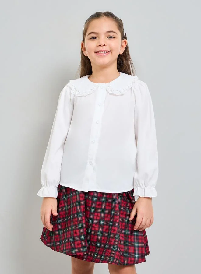 Styli Girls Solid Cuffed Sleeves Blouse and Checked Knee Length Skirt Set