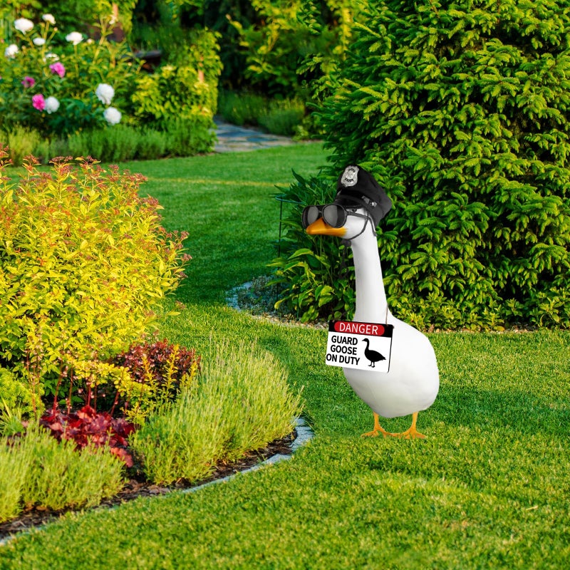 CAMDUCK 3 Pcs Porch Goose Accessories Porch Goose Sign Goose Police Hat Eyeglasses Wooden Gooses Warning Sign Danger Guard Goose on Duty Warning Sign Goose Outfits Decor for Yard Porch Lawn - Image 4
