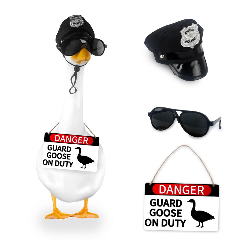 CAMDUCK 3 Pcs Porch Goose Accessories Porch Goose Sign Goose Police Hat Eyeglasses Wooden Gooses Warning Sign Danger Guard Goose on Duty Warning Sign Goose Outfits Decor for Yard Porch Lawn - Image 1