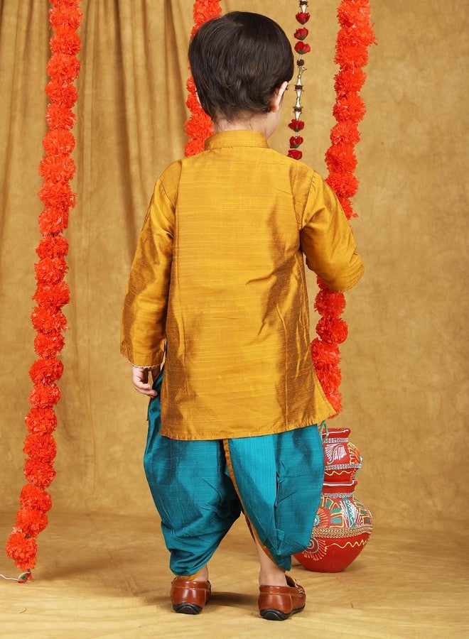 Polka Tots طقم دهوتي كورتا تقليدي أنيق للأطفال - فستان قطني ناعم للأعياد - زي هندي مريح للرضع والأطفال الصغار (اللون: ذهبي وأزرق، 3-6 أشهر) - Image 2