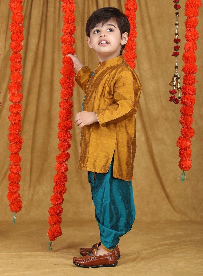 Polka Tots طقم دهوتي كورتا تقليدي أنيق للأطفال - فستان قطني ناعم للأعياد - زي هندي مريح للرضع والأطفال الصغار (اللون: ذهبي وأزرق، 3-6 أشهر) - Image 4