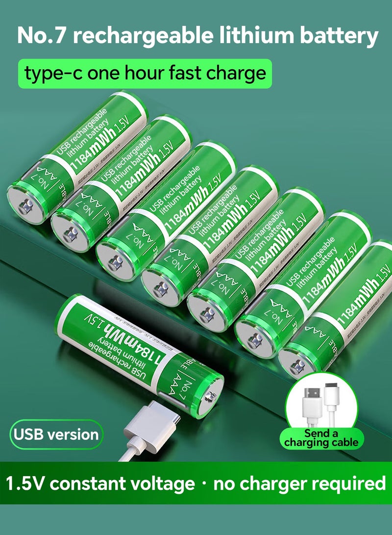 Delipow بطاريات AAA قابلة للشحن USB-C، بطاريات ليثيوم رقم 7، 1184mWh، مع كابل شحن Type-C، جهد ثابت 1.5 فولت، أكثر من 1200 دورة شحن. بطاريات AAA قابلة للشحن لجهازات التحكم عن بعد والأجهزة الإلكترونية المنزلية وأجهزة الألعاب (ثماني بطاريات) - Image 1