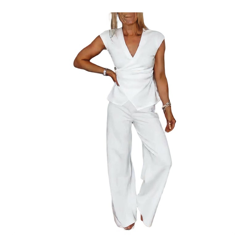 Women Casual Two-Piece Set V-Neck Sleeveless Waist Button Outfit - Image 1