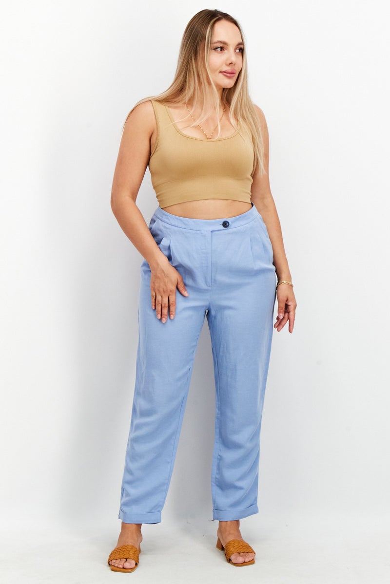 Tchibo Women Regular Fit Plain Pleated Trouser, Light Blue - Image 3