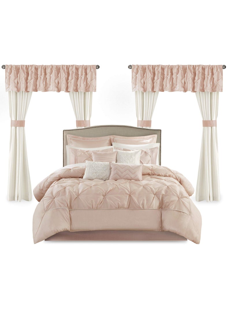 madison park Madison Park Essentials Room in a Bag Faux Silk Comforter Set  Luxe Diamond Tufting All Season Bedding Matching Curtains Decorative Pillows Blush King104x92 24 Piece 