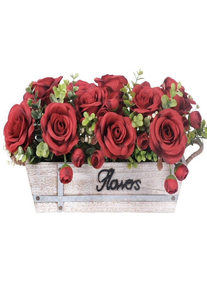 CANCLEAR Centerpiece Table Decorations Rustic Wood Tray with 3 Artificial Red Rose Flowers and Fake Eucalyptus for Dining Room Farmhouse Living Room Kitchen and Coffee Table Décor - Image 1