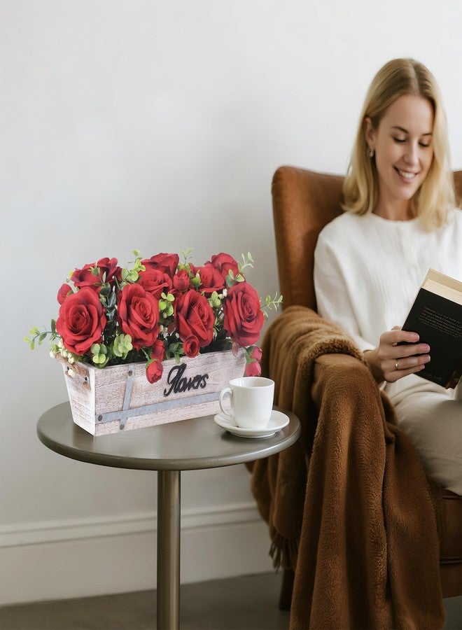 CANCLEAR Centerpiece Table Decorations Rustic Wood Tray with 3 Artificial Red Rose Flowers and Fake Eucalyptus for Dining Room Farmhouse Living Room Kitchen and Coffee Table Décor - Image 3