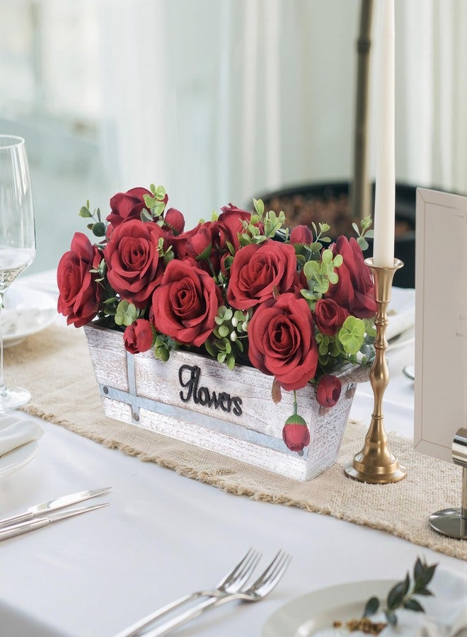 CANCLEAR Centerpiece Table Decorations Rustic Wood Tray with 3 Artificial Red Rose Flowers and Fake Eucalyptus for Dining Room Farmhouse Living Room Kitchen and Coffee Table Décor - Image 2