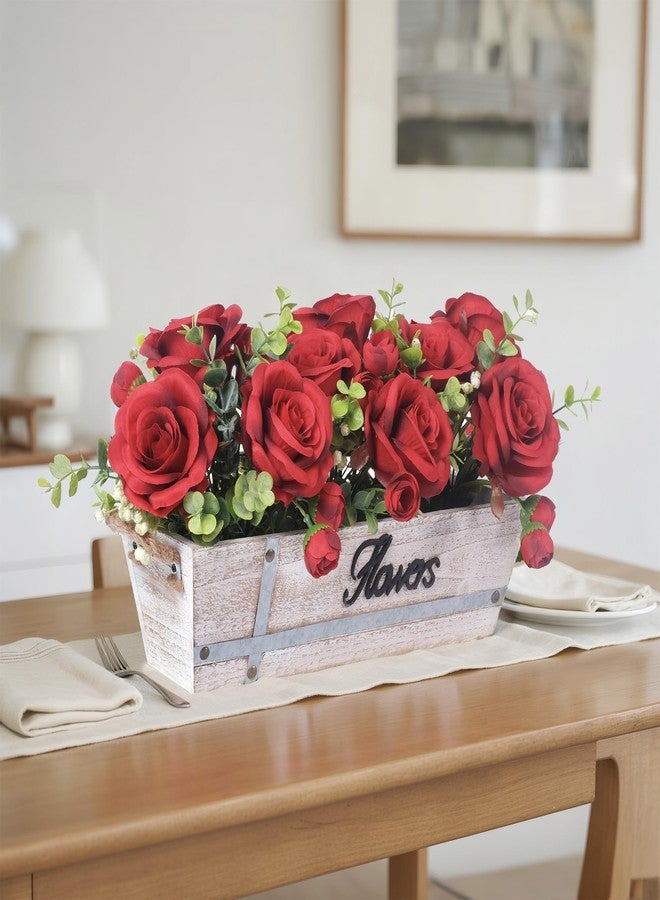 CANCLEAR Centerpiece Table Decorations Rustic Wood Tray with 3 Artificial Red Rose Flowers and Fake Eucalyptus for Dining Room Farmhouse Living Room Kitchen and Coffee Table Décor - Image 5