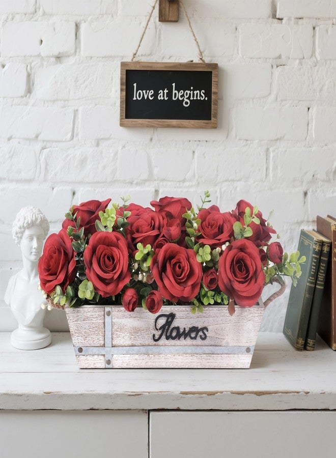 CANCLEAR Centerpiece Table Decorations Rustic Wood Tray with 3 Artificial Red Rose Flowers and Fake Eucalyptus for Dining Room Farmhouse Living Room Kitchen and Coffee Table Décor - Image 4