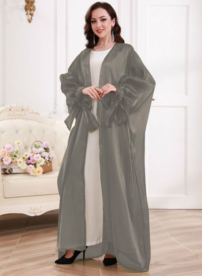 Loquat Women's Solid Color Puff Sleeve Abaya Elegant Long Cardigan Dark Grey 