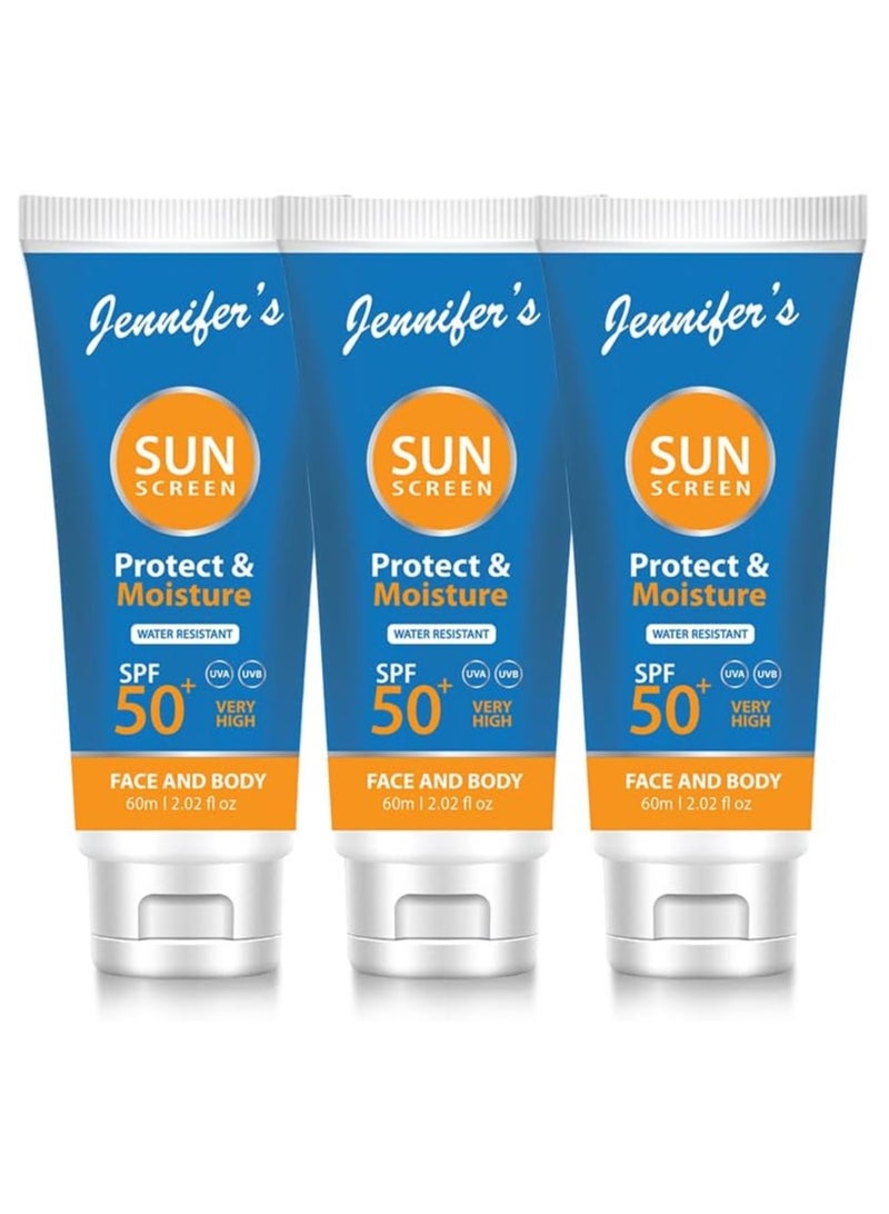 Jennifer’s Sunscreen SPF 50 PA+ 60ml (Pack of 3) - Broad Spectrum UVA/UVB Protection, Lightweight & Non-Greasy, Water-Resistant Formula for Face & Body - Daily Sunblock for All Skin Types