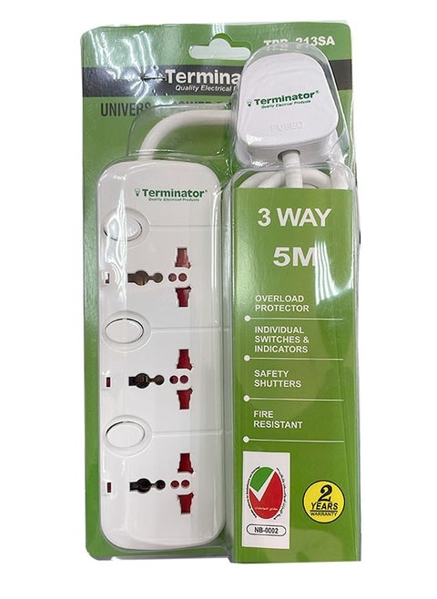 Terminator 3 Way Universal Power Extension Socket 5M Cable 13A TPB 213SA-5M ESMA Approved