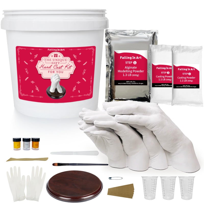 Falling in Art Hand Casting Kit Couples Keepsake Plaster Hand Mold Kit for Family Kids Adults with Large Bucket Gloves Powder Materials Color Paints Wooden Base