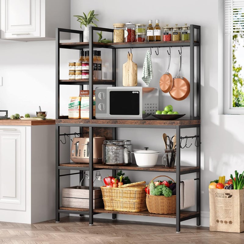 Tribesigns Tribesigns Bakers Rack with Storage for Kitchen 43 Inch Wide Large Racks Shelves 5Tier Tall Utility Shelves Organizers and 10 Hooks Black Brown