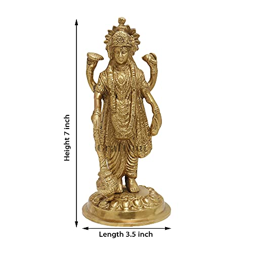 CRAFTHUT Brass Lord Vishnu Idol – Handmade Narayan Statue with Club for Home Temple, Pooja, Vastu & Auspicious Gifting (3.5 x 3.5 x 7 in) 850g - Image 3