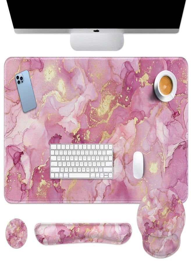 Britimes Pink Gold Liquid Marbling Keyboard Mouse Pad Set 4in1 Large Mousepad+Keyboard Wrist Rest+Mouse Wrist Rest+Coaster Set with Ergonomic Design for Home Office Computer 35.4x15.7 inches - Image 1