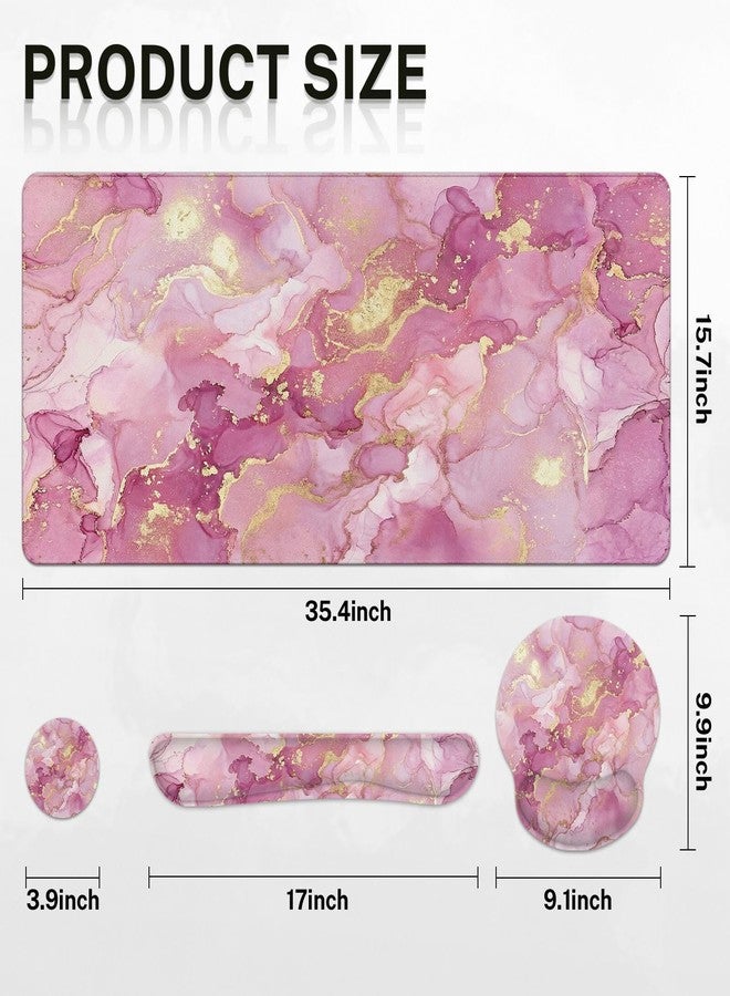 Britimes Pink Gold Liquid Marbling Keyboard Mouse Pad Set 4in1 Large Mousepad+Keyboard Wrist Rest+Mouse Wrist Rest+Coaster Set with Ergonomic Design for Home Office Computer 35.4x15.7 inches - Image 2