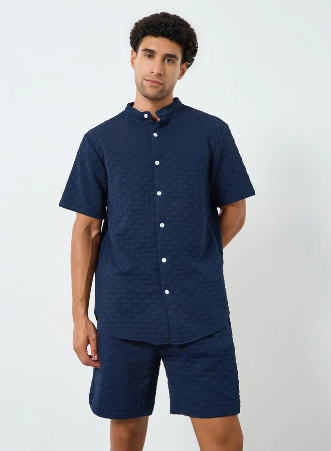 Take Two Men Textured Stand Collar Shirt and Shorts Co-Ords