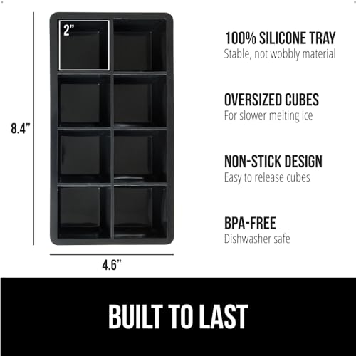 Gorilla Grip قالب مكعبات الثلج السيليكوني الكبير ببطء الذوبان من GORILLA GRIP للمجمد سهل الدفع 8 مكعبات مربعة عملاقة للاستخدام في الكوكتيلات والقهوة المثلجة وزجاجة الماء والعصائر المجمدة ومستلزمات المطبخ والبار 1 عبوة باللون الأسود - Image 3