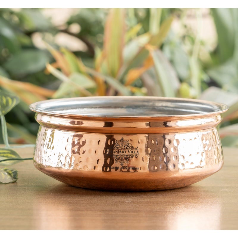 INDIAN ART VILLA Copper Hammered Handi with Inside Tin Lining, Copper Cookware & Serveware, Diameter- 7.75" Inches, Volume- 1850 - Image 2