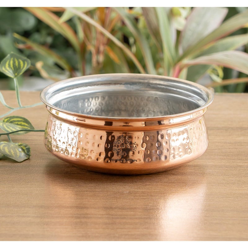 INDIAN ART VILLA Copper Hammered Handi with Inside Tin Lining, Copper Cookware & Serveware, Diameter- 7.75" Inches, Volume- 1850 - Image 3