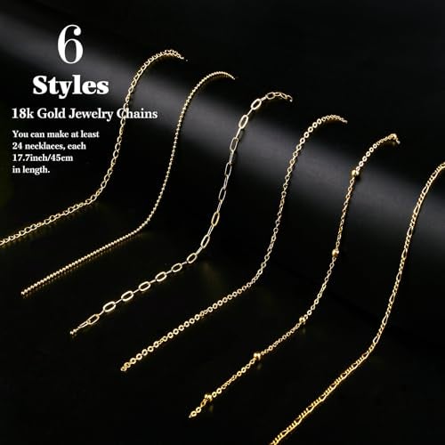 Ecoofor 18k Gold Necklace Chains for Jewelry Making, 39.3 Feet 6 Rolls Bracelet Chains for DIY,6.5Feet Each Style, Gold Chain with Jump Rings/Lobster Clasps/Connectors - Image 2
