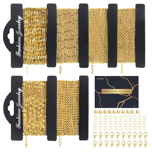 Ecoofor 18k Gold Necklace Chains for Jewelry Making, 39.3 Feet 6 Rolls Bracelet Chains for DIY,6.5Feet Each Style, Gold Chain with Jump Rings/Lobster Clasps/Connectors - Image 1