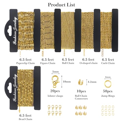 Ecoofor 18k Gold Necklace Chains for Jewelry Making, 39.3 Feet 6 Rolls Bracelet Chains for DIY,6.5Feet Each Style, Gold Chain with Jump Rings/Lobster Clasps/Connectors - Image 4