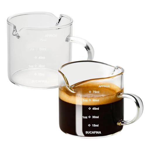 Supvox® Espresso Shot Glass Double Expresso Cups-2Pcs 75ml Double Shot Measuring Cups with Handle, Heat Resistant High Silicon Boron Glass Measuring Cups, Dual Side Pour Nozzle Design - Image 1