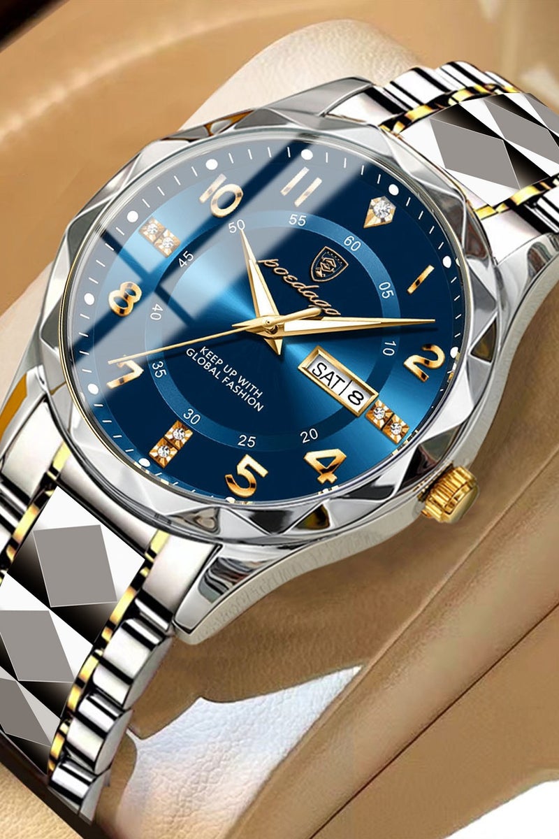 پوداجار ساعة رجالية، ساعة كوارتز رجالية فاخرة مقاومة للماء وتاريخ الأسبوع ساعة يد مضيئة من الفولاذ المقاوم للصدأ للرجال 41 مم - Image 1