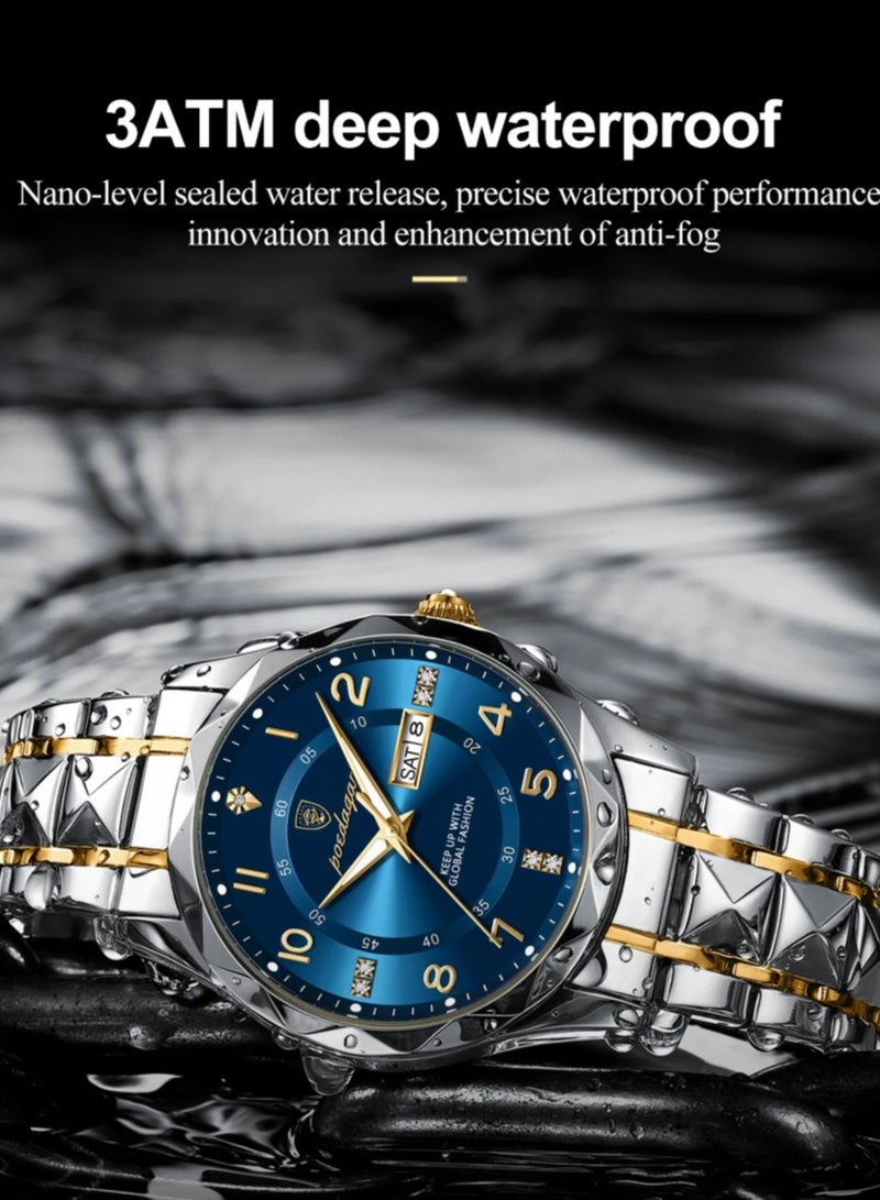 پوداجار ساعة رجالية، ساعة كوارتز رجالية فاخرة مقاومة للماء وتاريخ الأسبوع ساعة يد مضيئة من الفولاذ المقاوم للصدأ للرجال 41 مم - Image 4