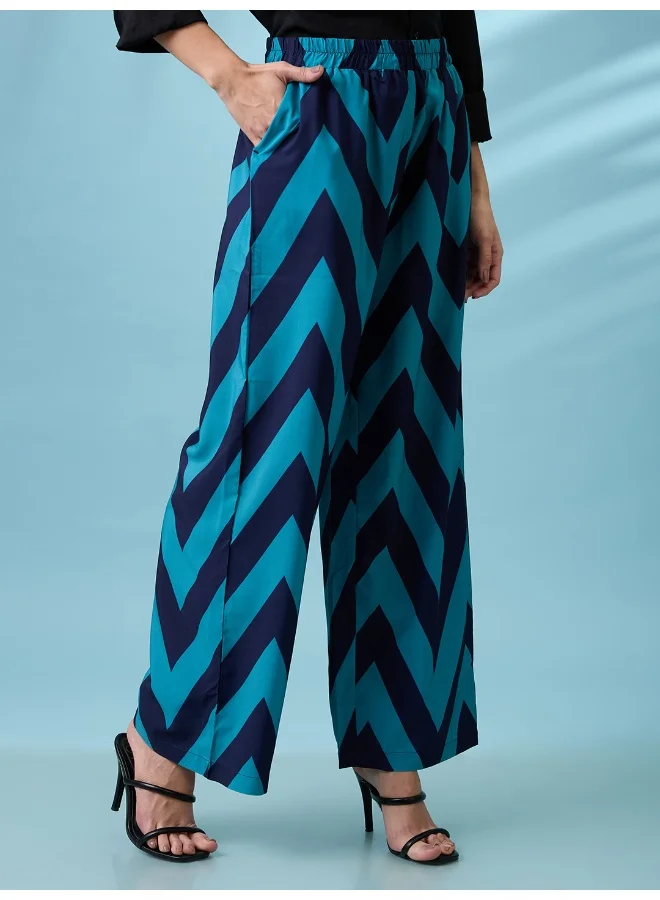 globus Women Navy Blue Chevron Print Mid Rise Elasticated Wide Leg Trousers