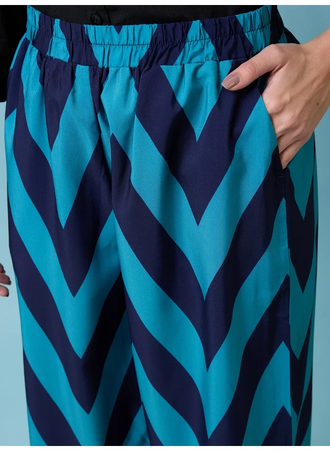 globus Women Navy Blue Chevron Print Mid Rise Elasticated Wide Leg Trousers