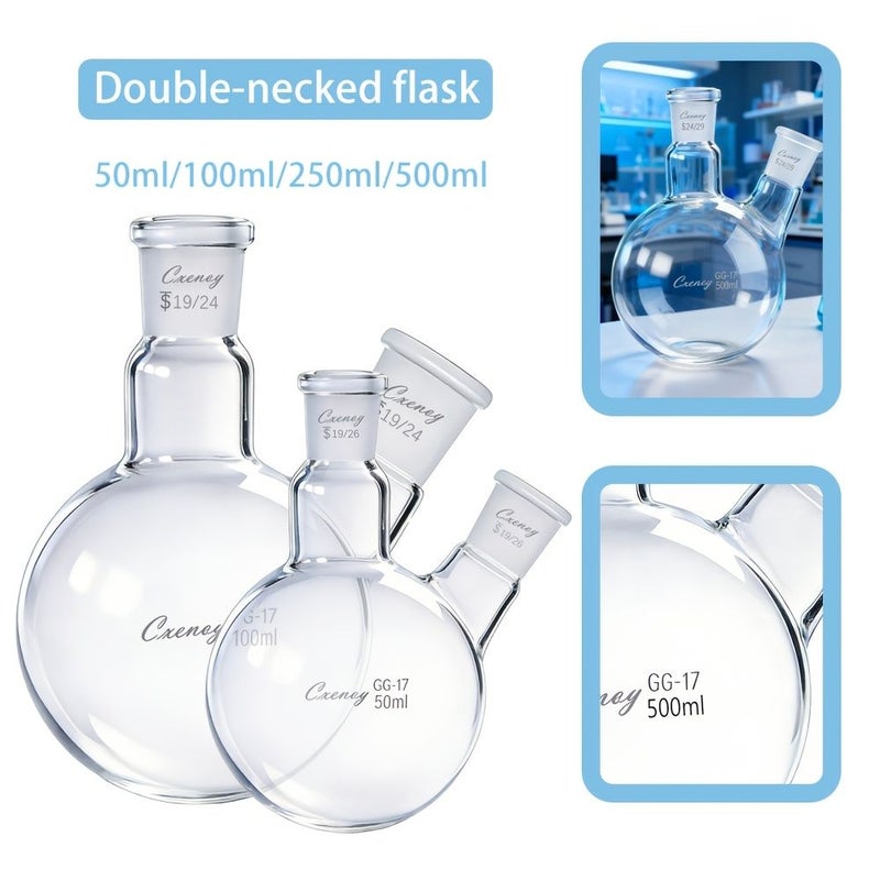 Double Neck Round Bottom Flask 1.69oz Caliber 19 26 Chemical Experiment Glass Distillation Flask - Image 2